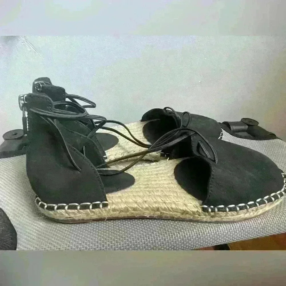New! Eileen Fisher 5.5 Leather Lace Up D'Orsay Lee Espadrille Black Flat Sandals - Picture 7 of 10